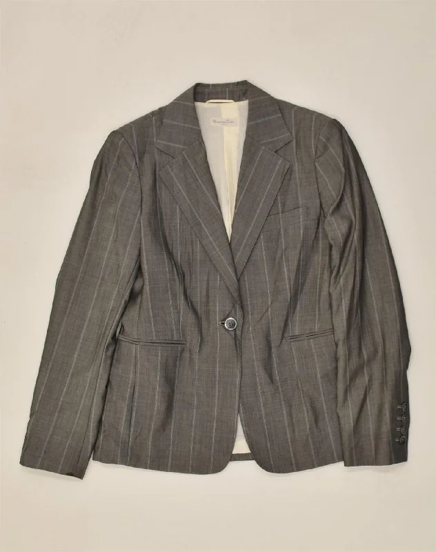 MASSIMO DUTTI Womens 1 Button Blazer Jacket UK 12 Medium Grey Pinstripe Faux Fur Fabric Real Fur Fabric Shearling Fabric