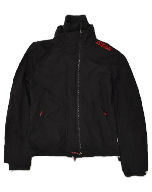 SUPERDRY Womens Windbreaker Jacket UK 12 Medium Black Nylon Stand-Up Collar Roll-Neck Collar Turtle Neck