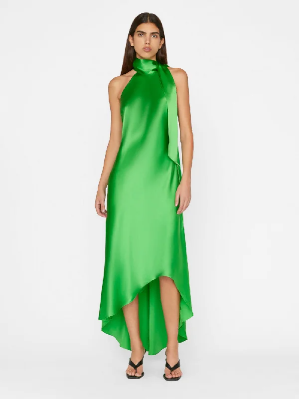 Draped Neck-Tie Halter Dress -- Bright Peridot Tunic Top Casual