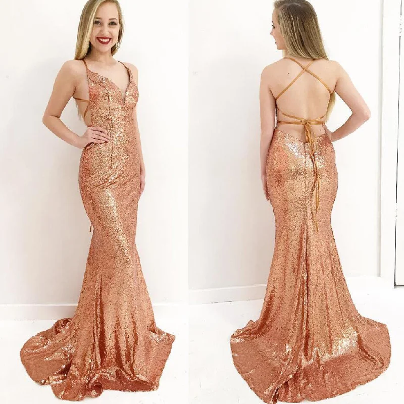 Charming Sequin Mermaid Prom Dress, Spaghetti Straps Backless Prom Dress, KX259 Tunics stripes playful