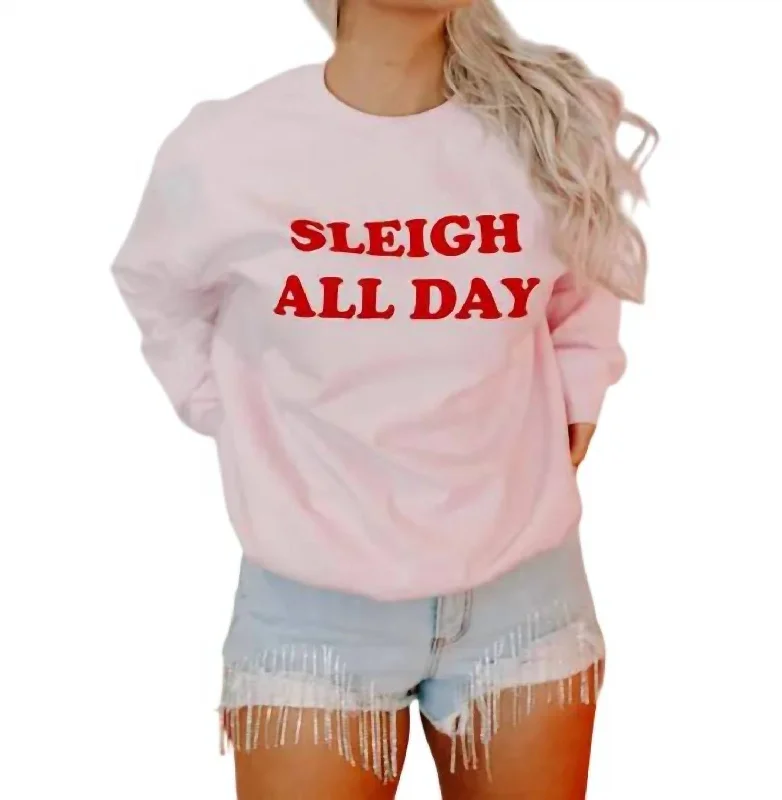 Sleigh All Day Christmas Sweatshirt In Pink Hoodie with Cropped Fit Short Trendy