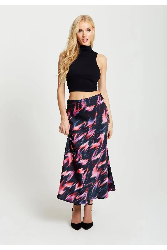 Liquorish Abstract Feather Print Midi Skirt In Black Pink lace skirt romantic