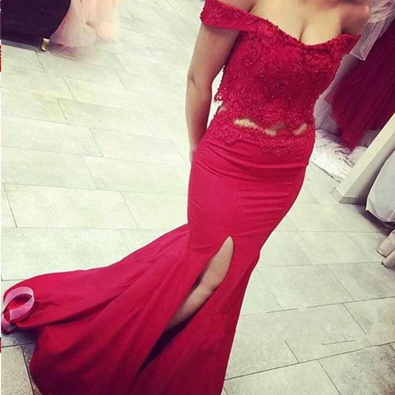 Off Shoulder Two Pieces Mermaid Evening Prom Dresses, 2017 Sexy Red Prom Dress, Custom Long Prom Dress, Cheap Party Prom Dress, Formal Prom Dress, 17040 Tunics Versatile all-occasion