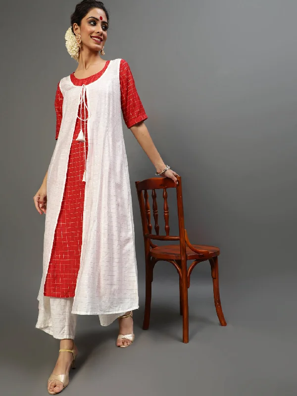 Women's White Checks Kurta Palazzo With Jacket - Aks Fleece Jacket Down Jacket Feather Jacket