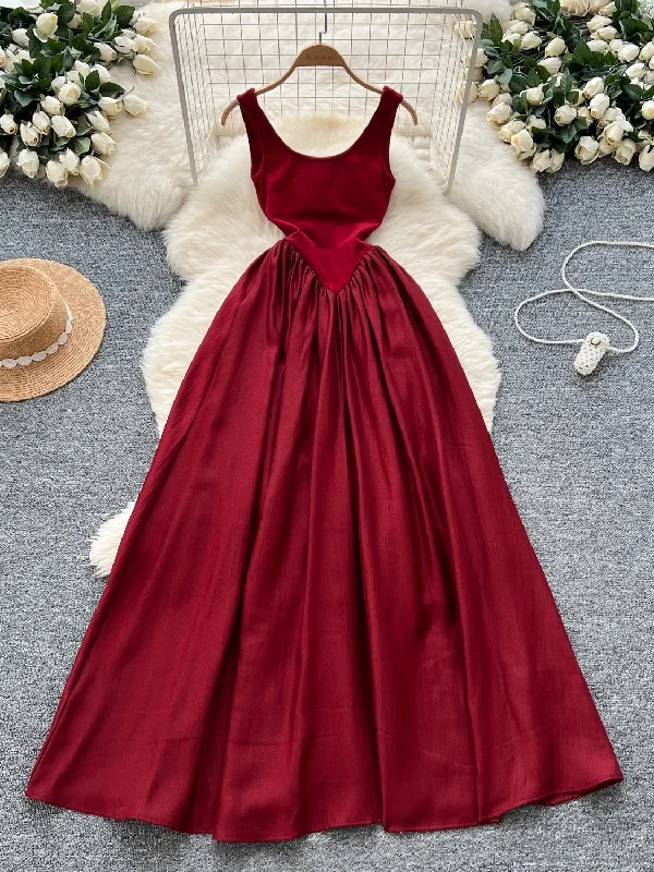 Simple Sleeveless Flowing Skirt Red PartyDress wool skirt warm