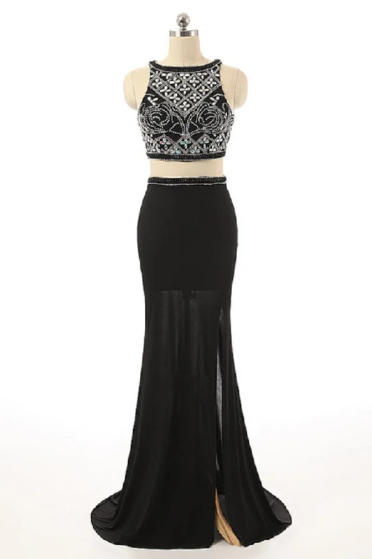 Sexy Two Pieces Beaded Evening Prom Dresses, Black Long Slit Party Prom Dress, Custom Long Prom Dresses, Cheap Formal Prom Dresses, 17058 Boat Neckline Classic