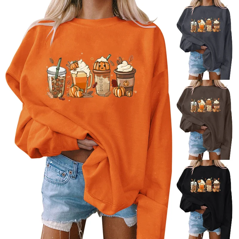 Wholesale Halloween Women's Leisure Printing Polyester Fiber Round Neck Loose Fitting Long Sleeved Hoodie Top Hoodie with Half-Zip Sporty Casual