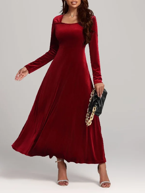 Hazel Blues® |  Square Neck Long Sleeve Velvet Dress Cowl Neckline Elegant