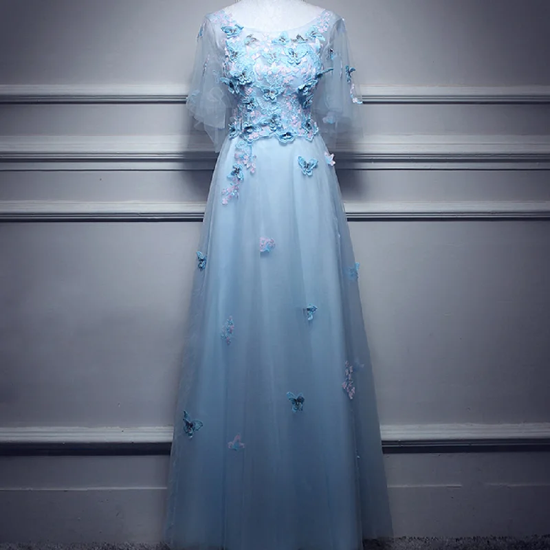 Long Prom Dresses, Tulle Prom Dresses, Elegant Party Prom Dresses, Applique Evening Dresses, V-Back Prom Dresses , Half Sleeve Prom Dresses Online, LB0376 sweetheart Neckline Romantic