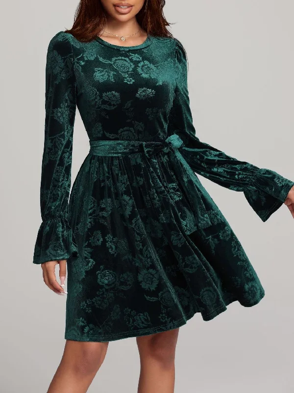 Hazel Blues® |  Tied Flower Print Round Neck Flounce Sleeve Dress sweetheart Neckline Romantic