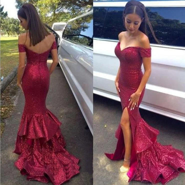 Sexy Off Shoulder Sparkle Red Sequined Mermaid Prom Dresses,  Long Red Evening Dresses, Long Prom Dress, Prom Dresses Online,PD0184 Tunics Travel practical
