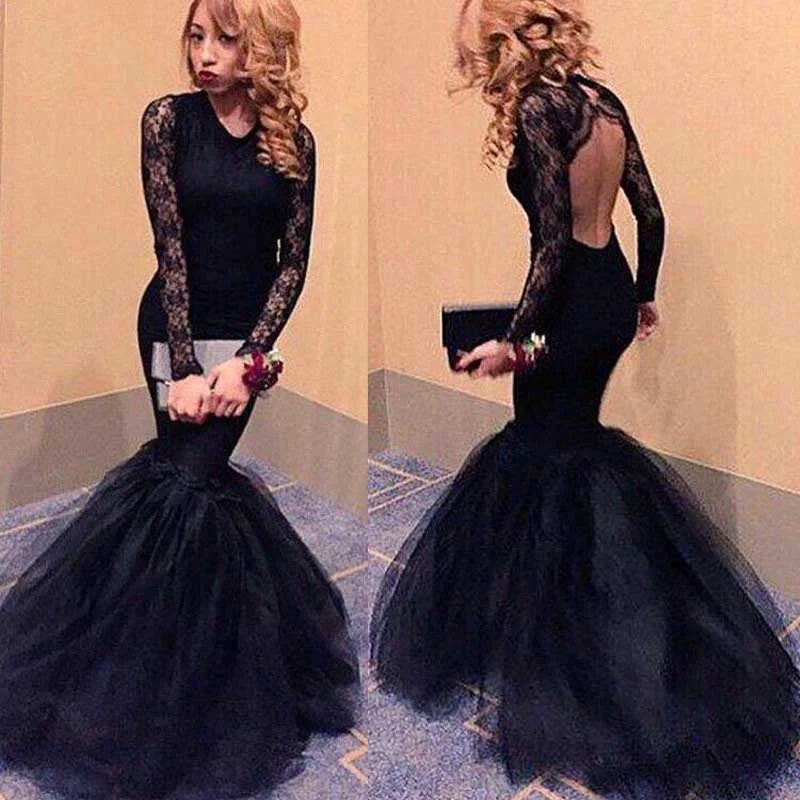 Long sleeve Black Mermaid Evening Prom Dresses, 2017 Long Backless Lace Prom Dress, Custom Long Prom Dress, Cheap Party Prom Dress, Formal Prom Dress, 17038 Tunics Cozy soft
