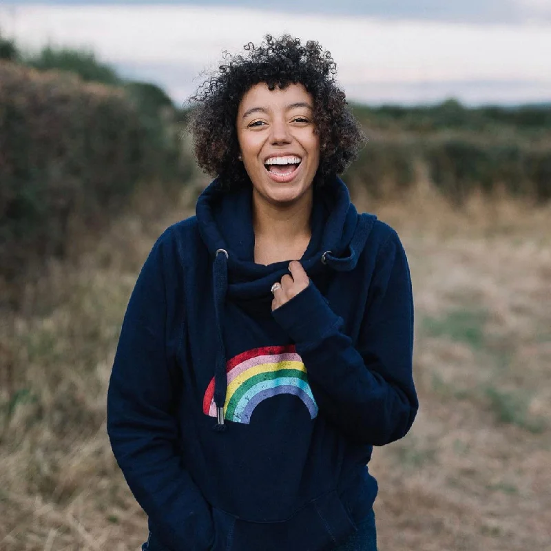 Distressed Navy Rainbow Cowl Neck Hoodie Hoodie with Half-Zip Sporty Casual