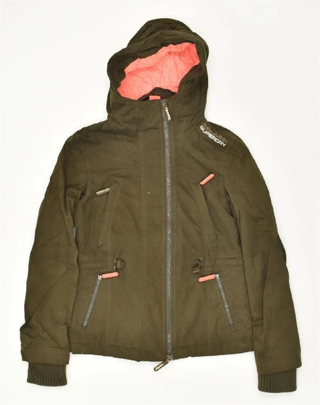 SUPERDRY Womens Hooded Windbreaker Jacket UK 10 Small Khaki Polyester Bomber Jacket Anorak Windbreaker