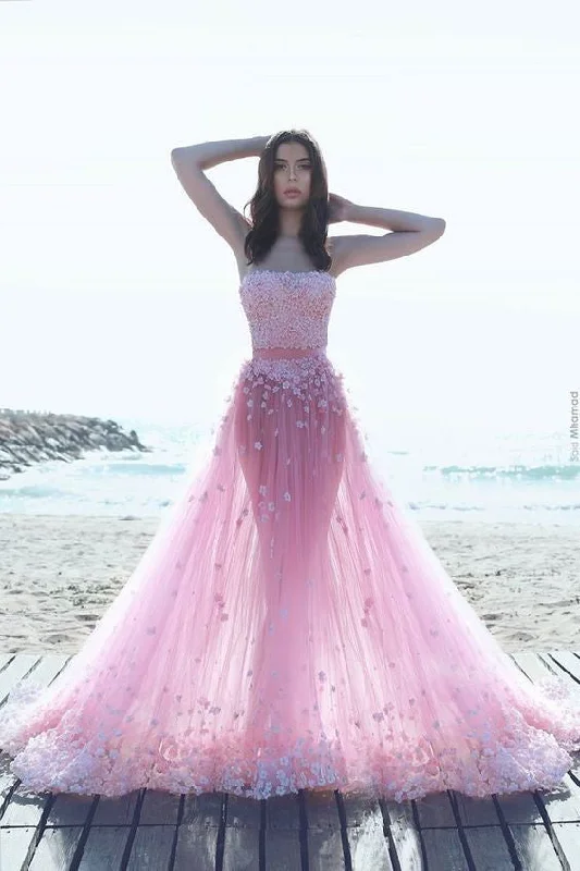 Two Pieces Pink Tulle Lace Long Evening Prom Dresses, Sexy See Through Party Prom Dress, Custom Long Prom Dresses, Cheap Formal Prom Dresses, 17045 Tunics Luxurious high-end