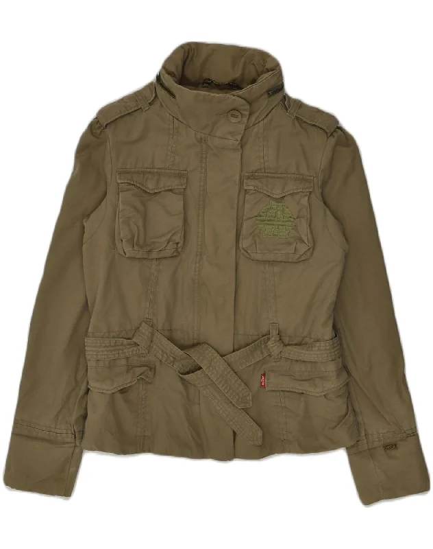 LEVI'S Womens Utility Jacket UK 10 Small Khaki Cotton Notch Collar Peter Pan Collar Cowl Neck