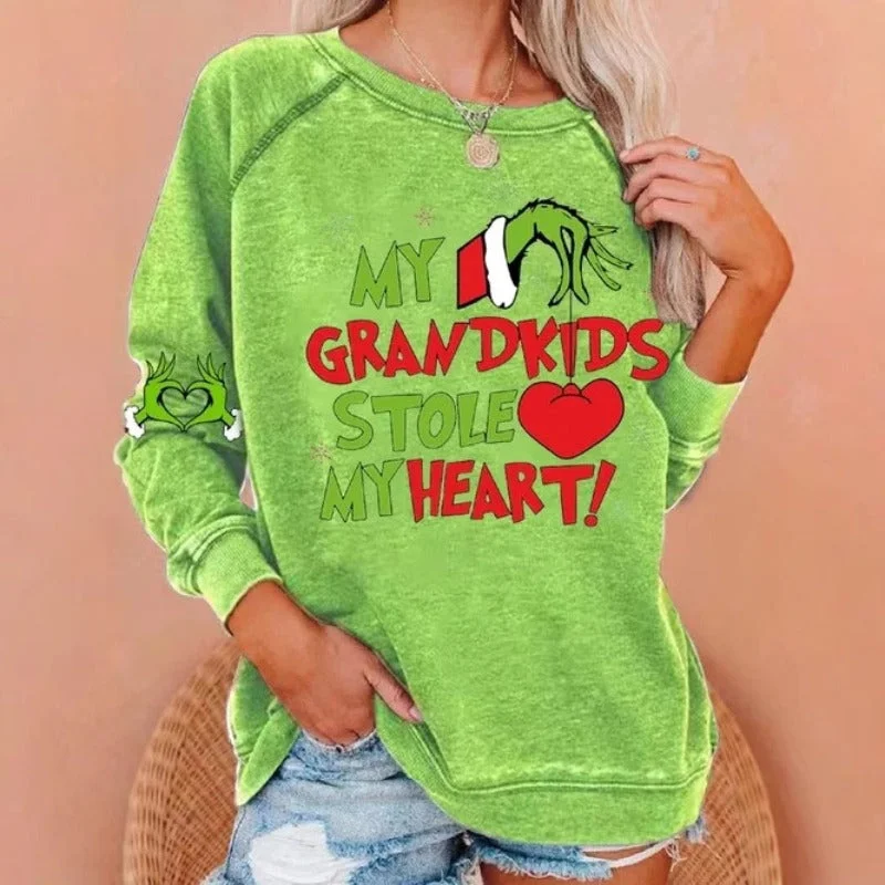 Wholesale Cartoon Design Christmas Green Fur Monster Sleeve Printed Hoodie Hoodie with Hem Lace Feminine Delicate