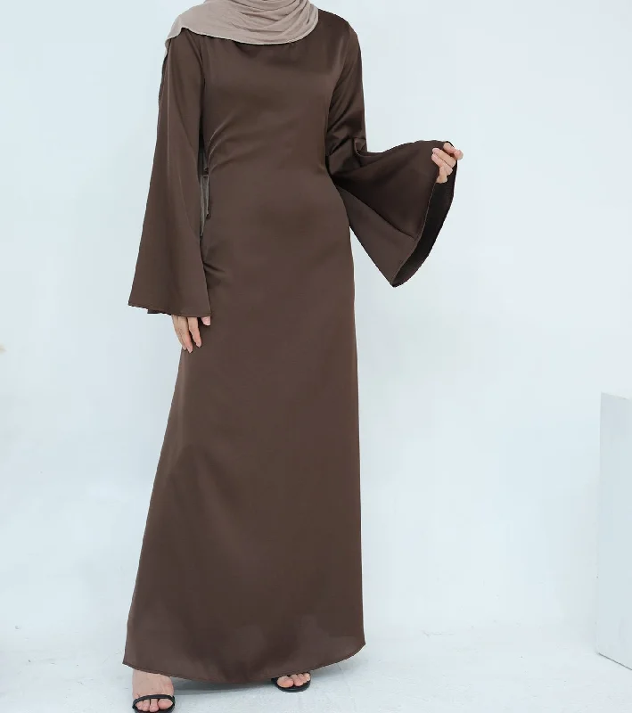 Calista Trumpet Sleeves Satin Dress - Brown Tunics Spring floral