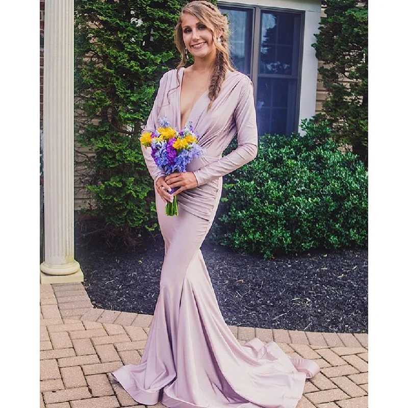 Long Sleeve Deep V-Neck Mermaid Prom Dresses, Soft Satin V-Back Evening Dresses, KX1453 Tunics Essential wardrobe