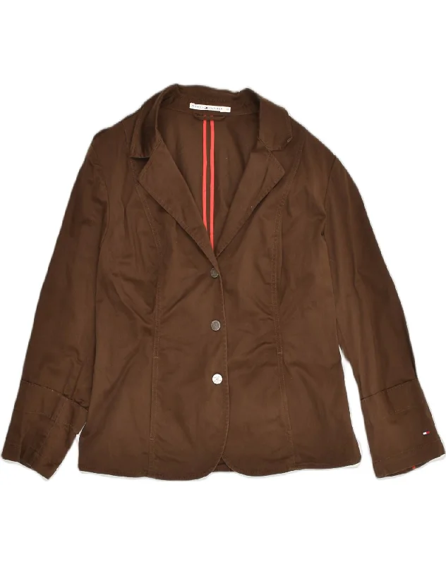 TOMMY HILFIGER Womens 3 Button Blazer Jacket US 12 Large Brown Cotton Mesh Jacket Canvas Jacket Denim Jacket