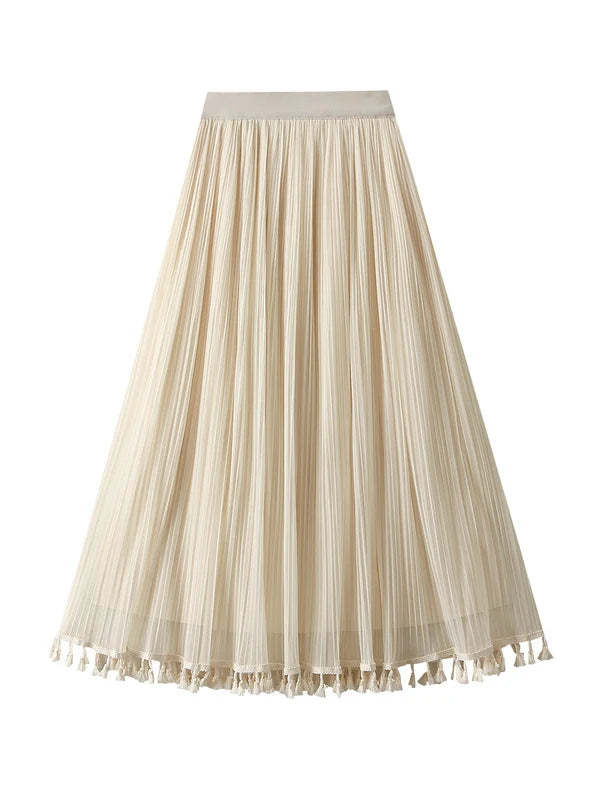 High Waist Gauze Fringed Pleats Skirt On Both Sides velvet skirt glossy