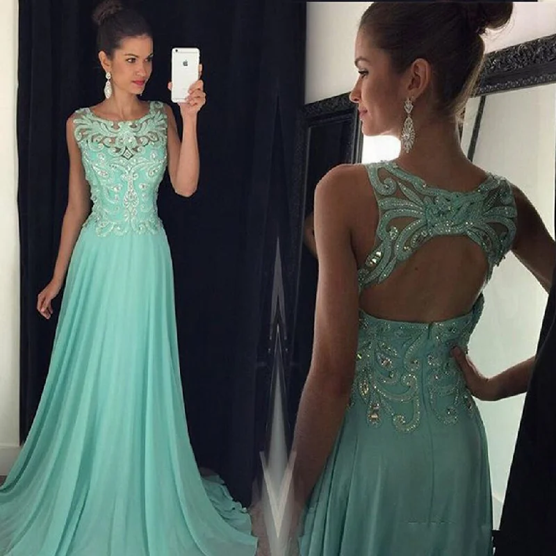 Round Neckline Applique Beaded Prom Dress, A-Line Chiffon Prom Dress, KX382 Tunics Plaid country