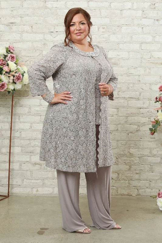 Pearl-Adorned Neckline Lace Women's Pant Suit Soft Stretch Trousers