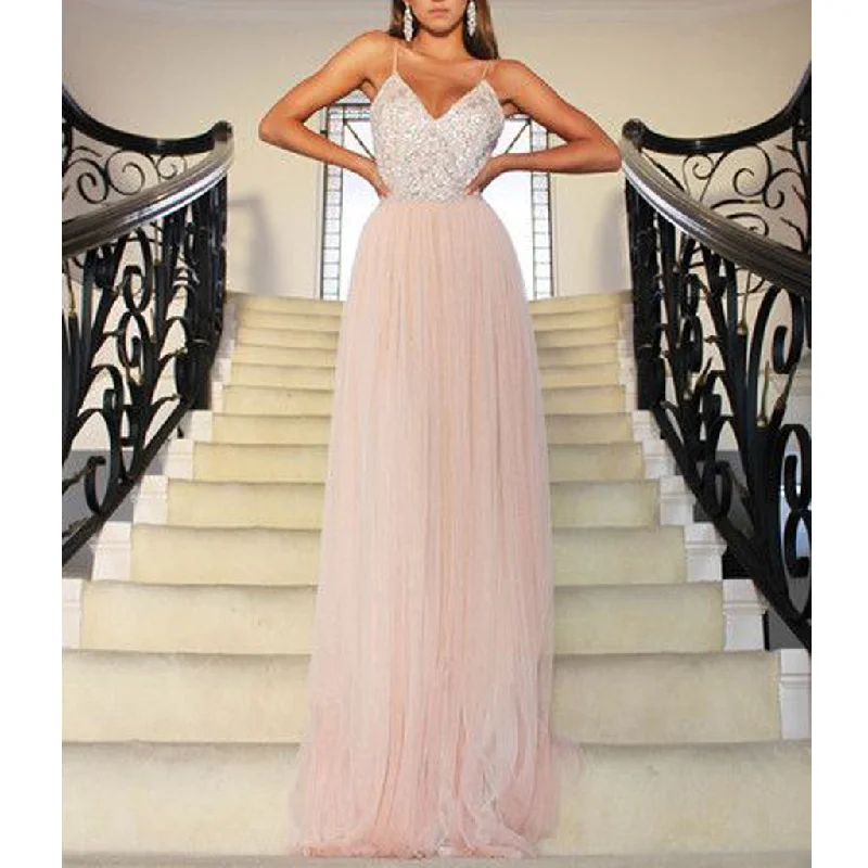 Spaghetti Straps V-Neck Tulle Backless Prom Dress, Sequin Evening Dresses, LB0944 Pencil Office Professional
