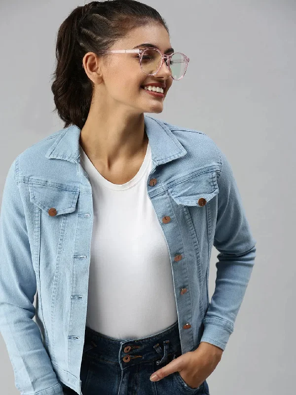Women's Blue Solid Denim Jacket Jackets-AG-7901-Blue Satin Fabric Silk Fabric Chiffon Fabric