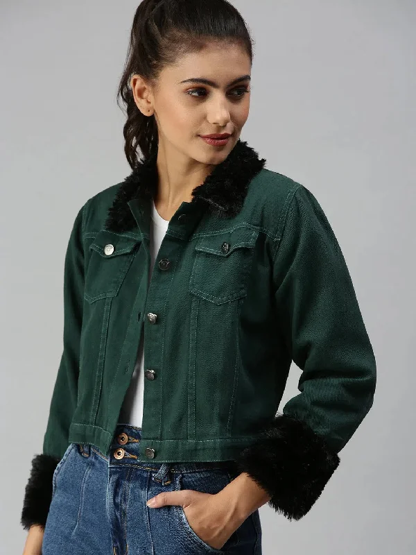Women's Green Solid Denim Jacket Jackets-AE-999155-Greenblack Zippered Front Buttoned Front Snap Front