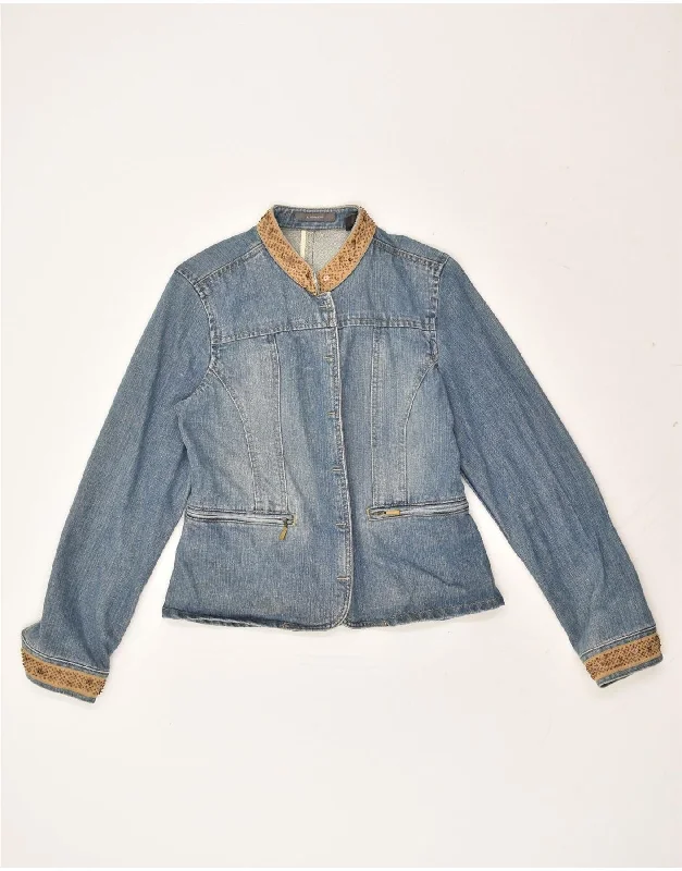 LIZ CLAIBORNE Womens Denim Jacket UK 12 Medium Blue Cotton Boat Neck Shawl Collar Notched Collar