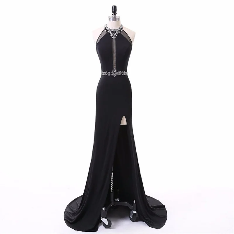 Chiffon Prom Dresses, Sexy Side Split Evening Dresses, Open-Back Beaded Prom Dresses, LB0379 Crew Neckline Casual