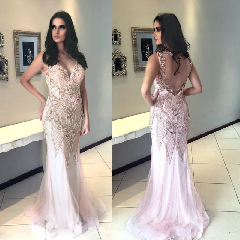 Tulle Prom Dress, V-Neck Prom Dress, Beaded Prom Dress, Luxurious Prom Dress, Mermaid Prom Dress, KX63 Tunics Sophisticated sleek