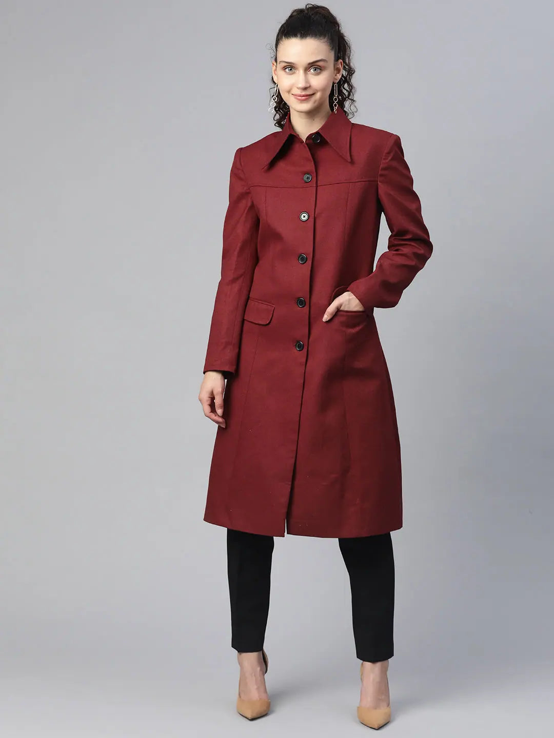 Women Solid Standard Red Collared Neck Full Sleeve Jacket Jacket Blazer Coat