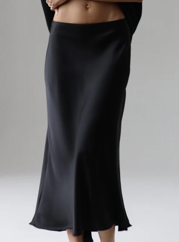 Black Satin High Waist Skirt chiffon skirt lightweight