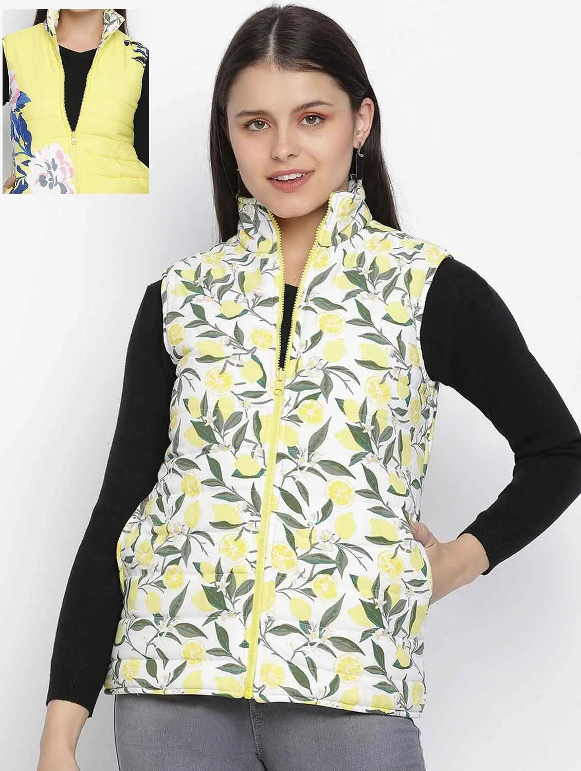Women Printed Yellow Collared Neck Sleeveless Jacket Front Pockets Side Pockets Patch Pockets