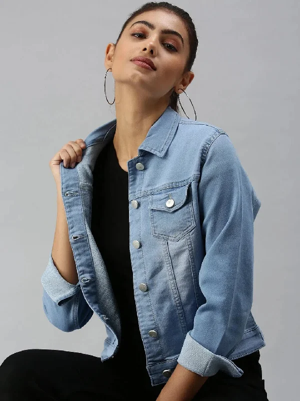 Women's Blue Solid Denim Jacket Jackets-LT-JKT105372C-Blue Rayon Jacket Velvet Jacket Corduroy Jacket