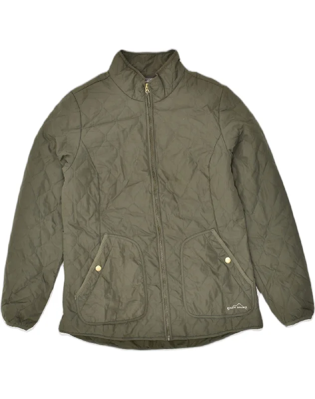 EDDIE BAUER Womens Quilted Jacket UK 16 Large Khaki Polyester Knit Fabric Woven Fabric Fleece Fabric