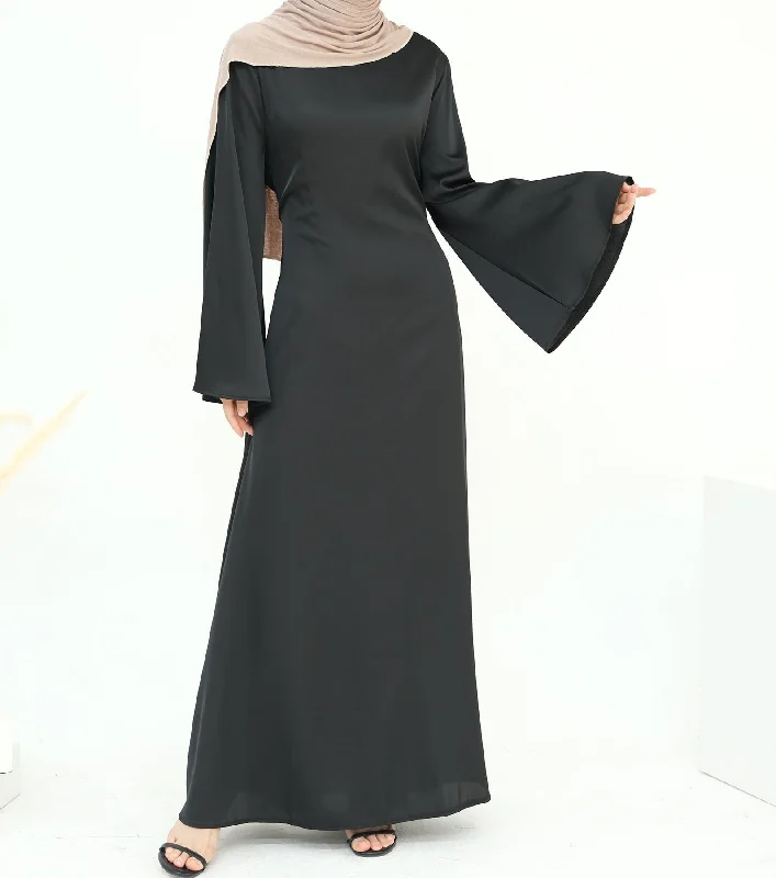 Calista Trumpet Sleeves Satin Dress - Black Tunics Bridal satin