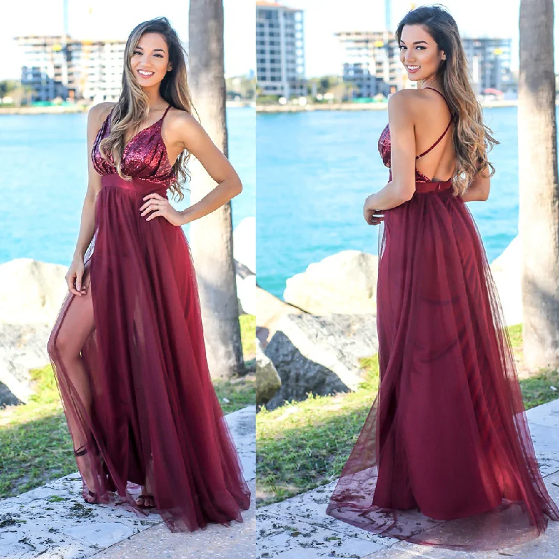 Spaghetti Straps Tulle Prom Dress, Sequin Top Prom Dress, Slit Backless Prom Dress, KX334 Tunics Lace romantic