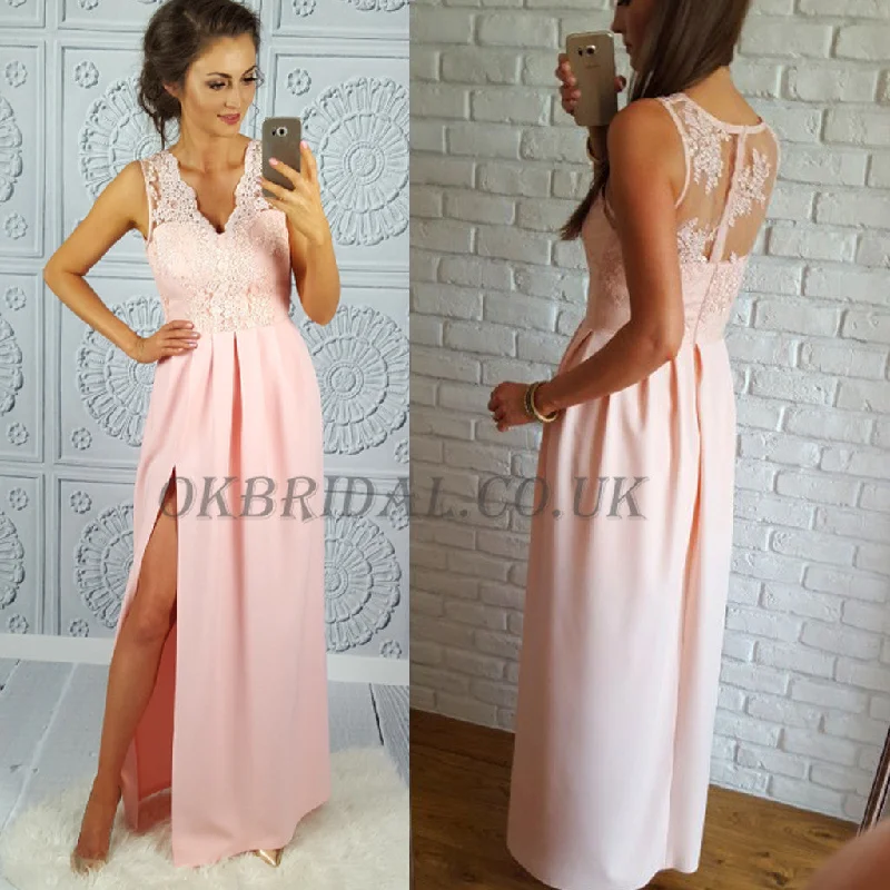 Pink Lace Prom Dress, V-Neck Prom Dress, Sexy Side Split Prom Dress, KX55 Tunics Fashionable trendy