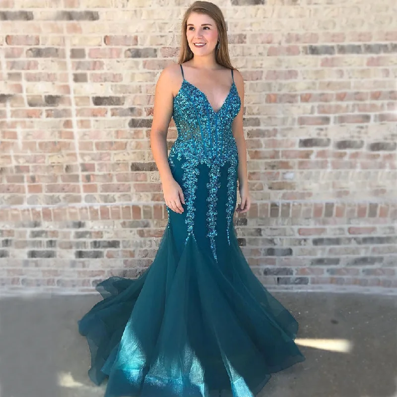 Spaghetti Straps V-Neck Prom Dress, Beaded Sequin Prom Dress, Mermaid Tulle Prom Dress, KX174 Tunics Ceremony elegant