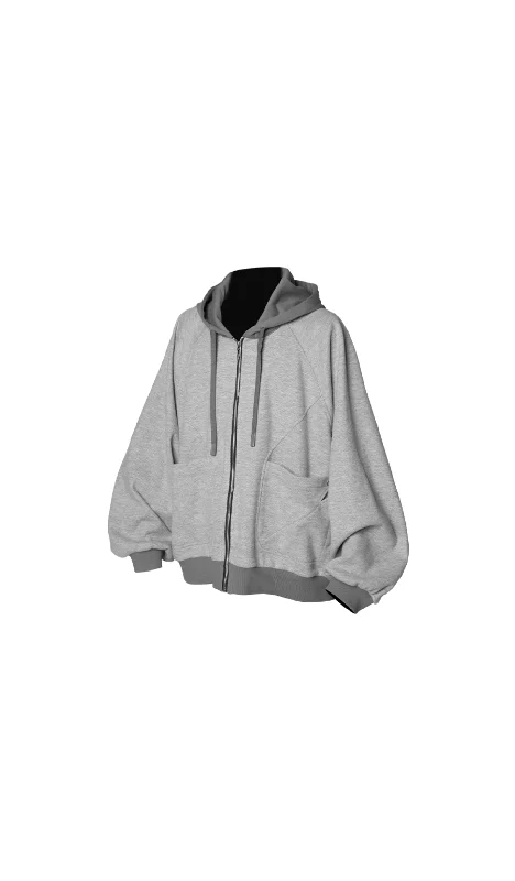 Knitted Zip-Up Sweatshirt with Contrast Fabric and Batwing Sleeves Hoodie with Hem Fringe Bohemian Relaxed