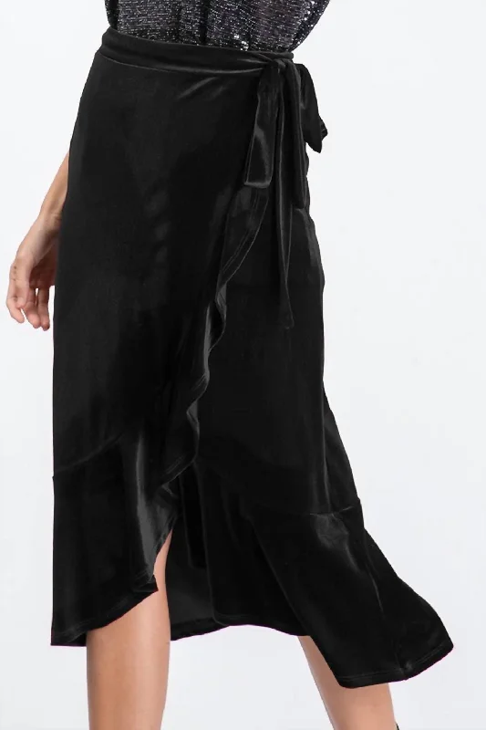 Velvet Ruffled Wrap Midi Skirt In Black cashmere skirt fine