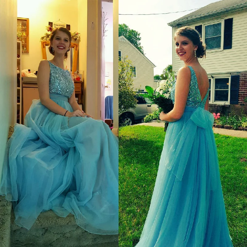 Tulle A-Line Sleeveless Prom Dress, Beaded V-Back Prom Dress, KX141 Tunics Yoga stretchy