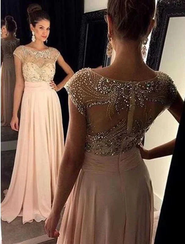 Blush Pink Cap Sleeve Beaded Long Evening Prom Dresses, Sexy See Through Party Prom Dress, Custom Long Prom Dresses, Cheap Formal Prom Dresses, 17043 Tunics Stylish elegant