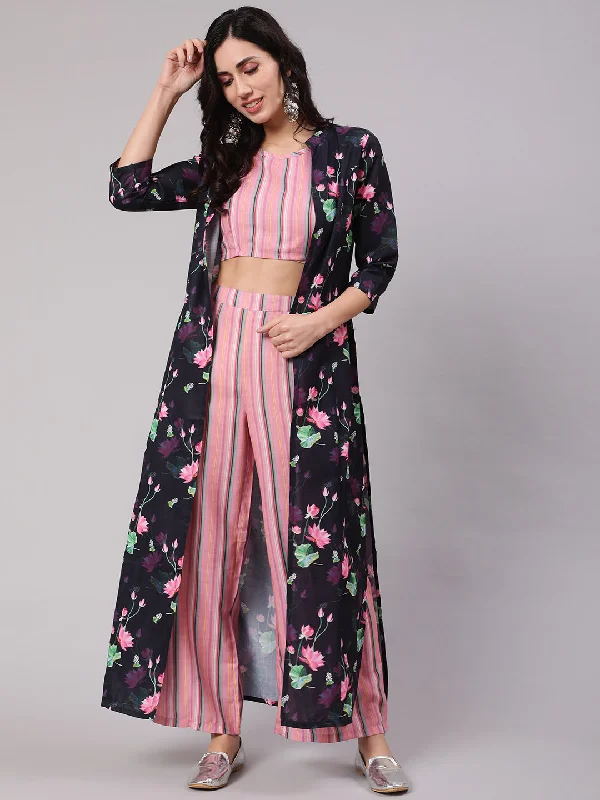 Women's Navy Blue & Pink Printed Top & Palazzo With Jacket Set - Aks Stand-Up Collar Roll-Neck Collar Turtle Neck