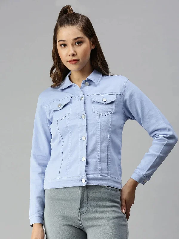 Women's Blue Solid Denim Jacket Jackets-LT-JKT19428B-Blue Jersey Jacket Tulle Jacket Batik Jacket