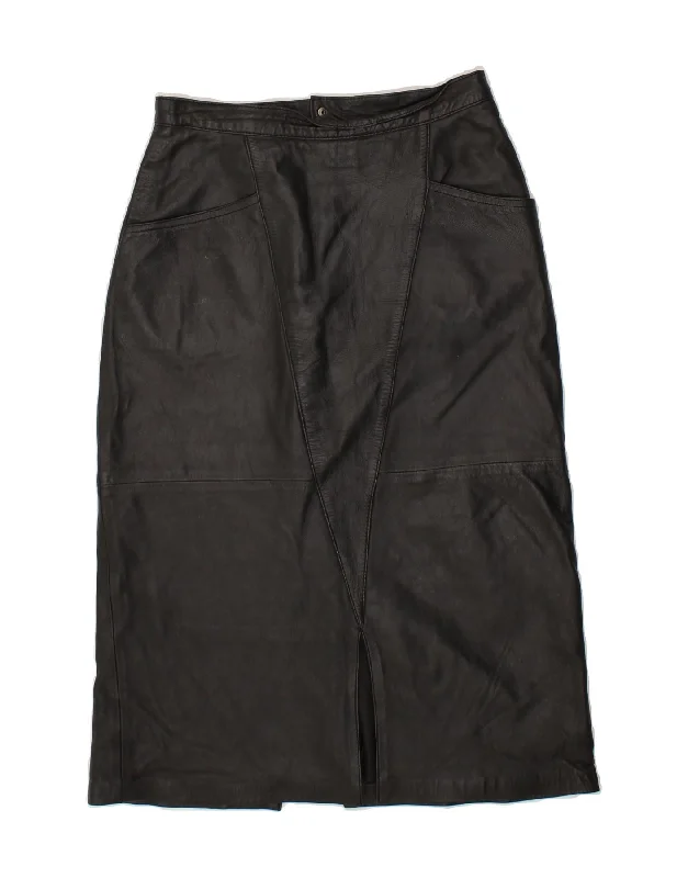 VINTAGE Womens Leather Skirt IT 40 Small W28 Black Leather flowy skirt hem