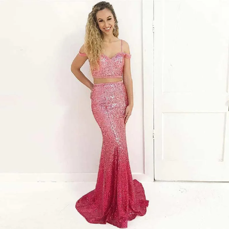 Gradual Sequin Mermaid Prom Dress, Sparkle Beaded Two Pieces Prom Dress, KX1251 Tunics Print Colorful